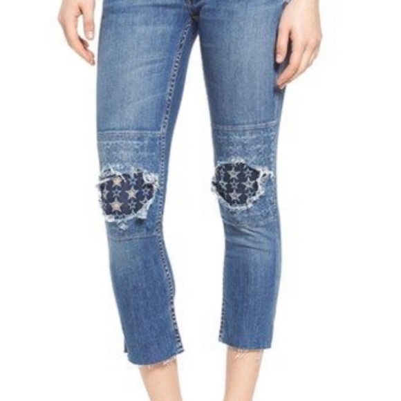 Hudson Muse Cropped Jeans with Distressed ripped Knees Star patches raw hem 27 - Picture 1 of 6